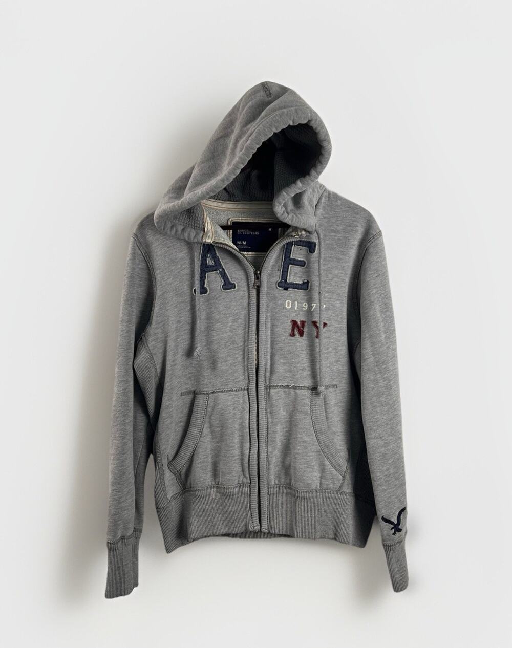 Y2K American Eagle Men's Gray AE Logo Full Zip Thermal Lined Hoodie Sz Medium